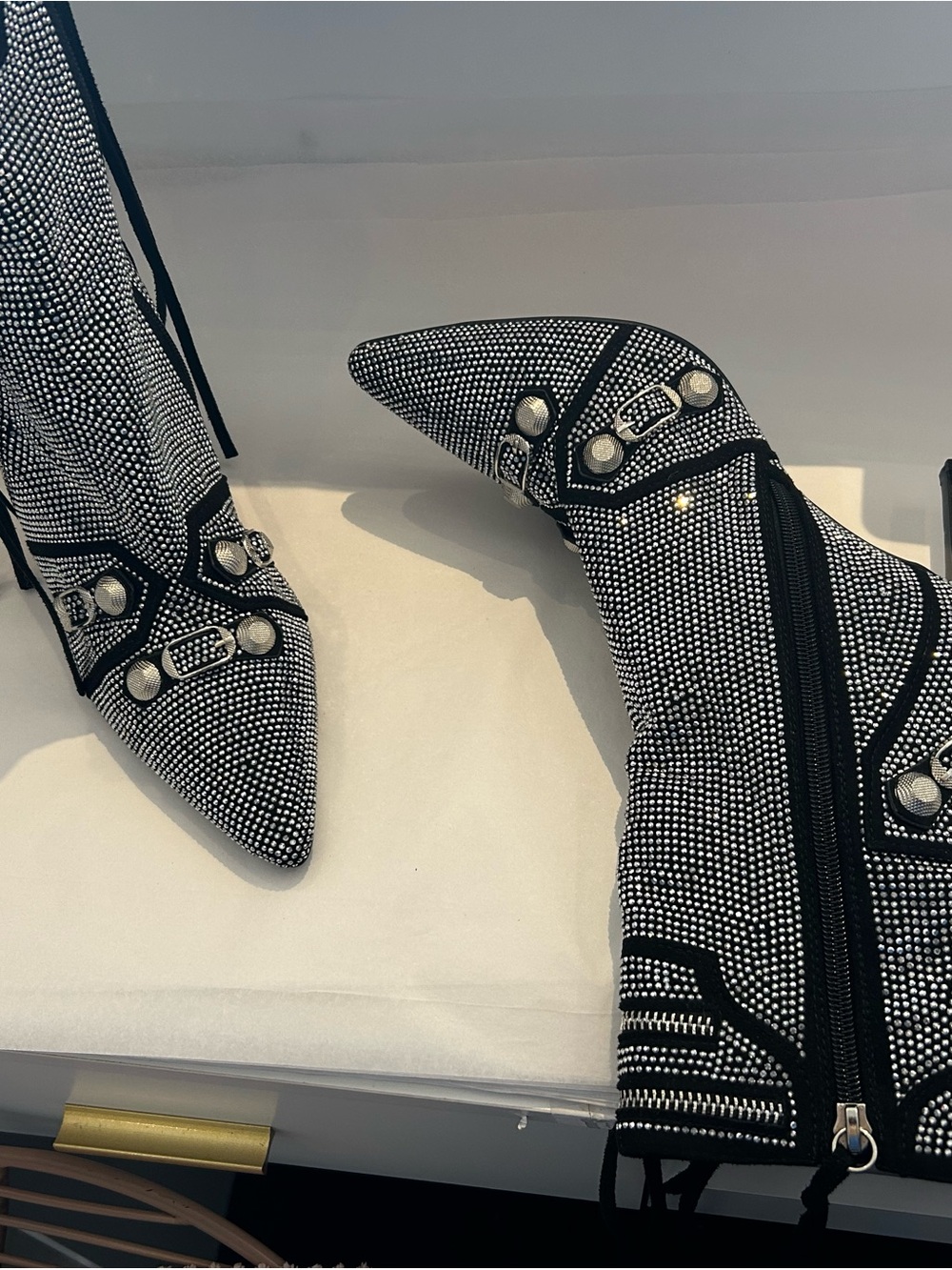 Crystal-Studded Pointed Ankle Boots in Black and Silver